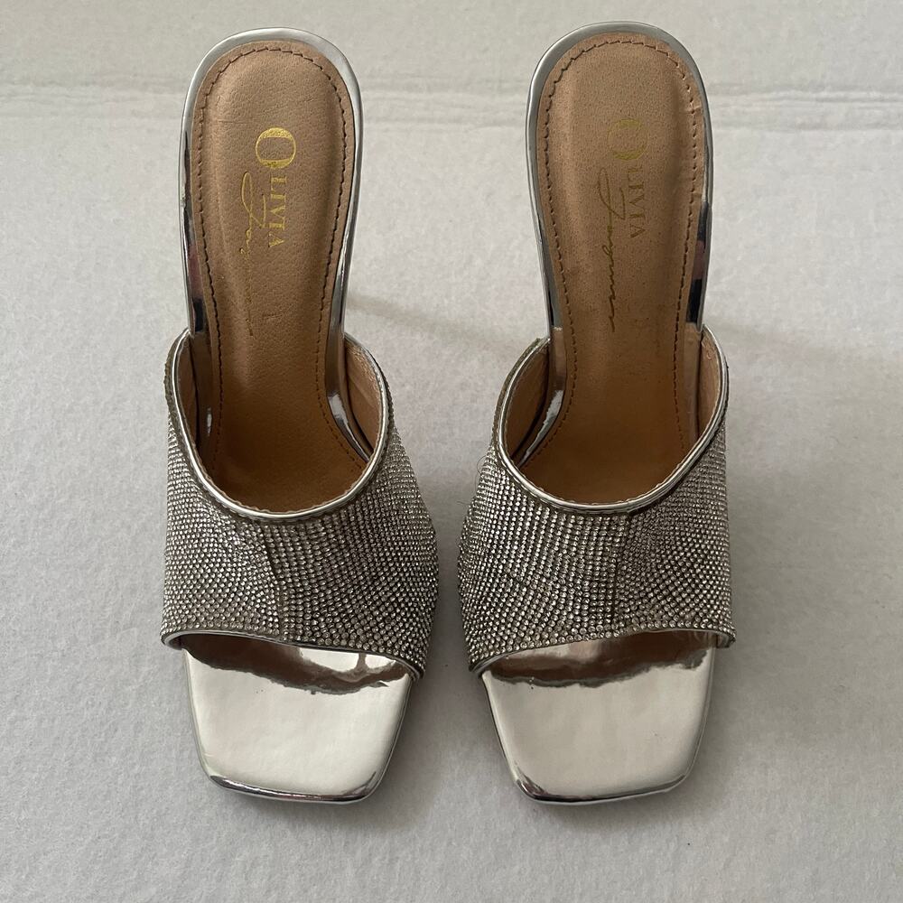 OLIVIA Rhinestone Silver Metallic Platform Stiletto Mule Heels Size 7